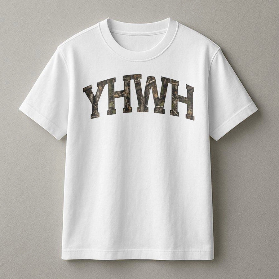 YHWH T-Shirt | Camo Collegiate Lettering | Soft Cotton Premium Quality | Christian Faith Apparel Gift for Men and Women