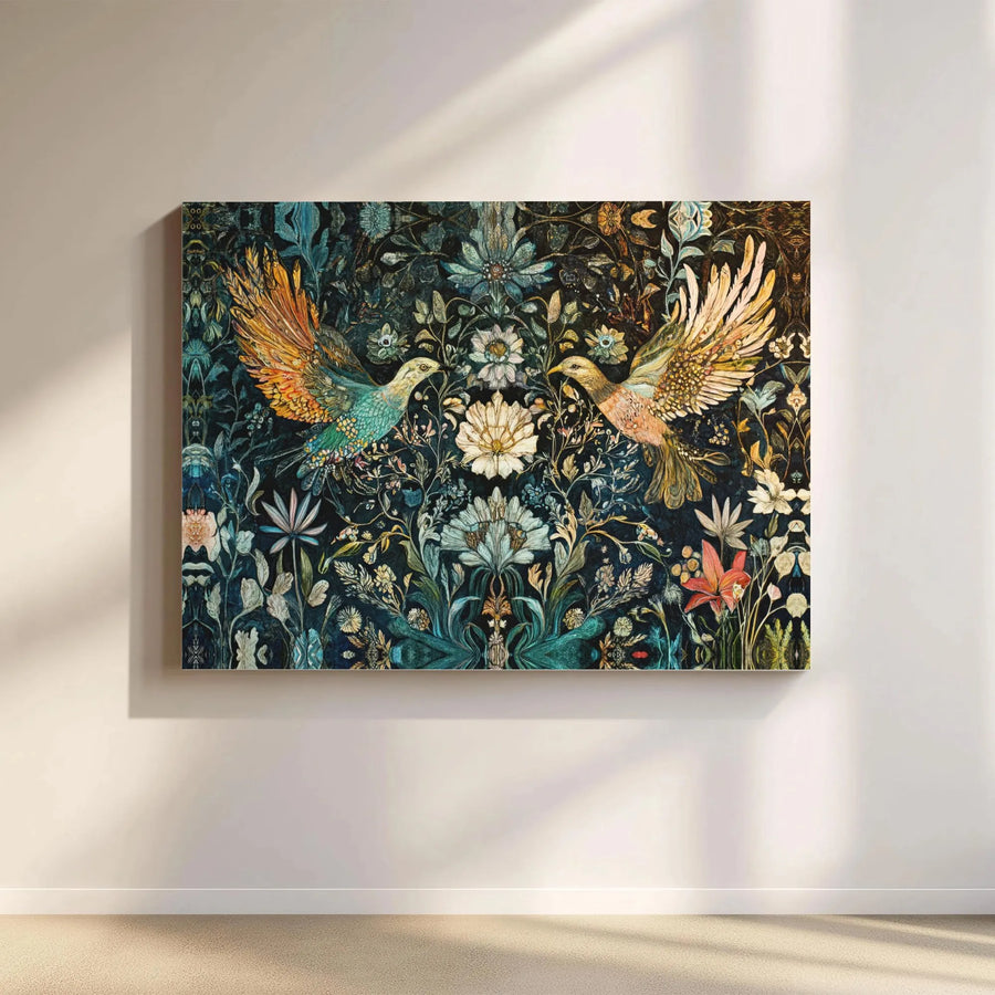 Vintage Botanical Bird Canvas Art | Art Nouveau Floral Garden Wall Decor | Premium Fade-Resistant Gallery Print | Elegant Home Office Gift