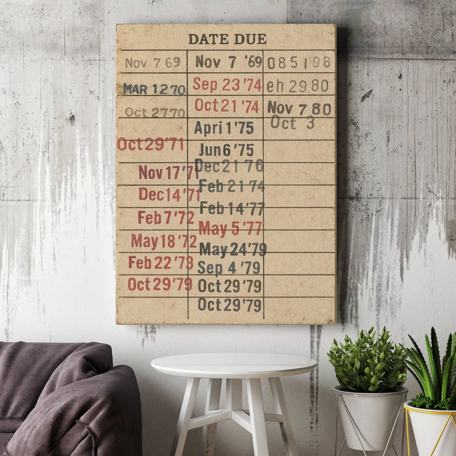 Date Due Library Card Canvas Wall Art | Vintage Book Lover Decor | Gallery Quality Premium Print | Academic Office Or Home Library Gift