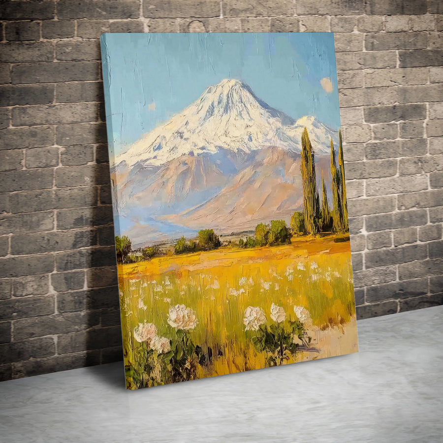Mount Ararat Canvas Print | Armenian Landscape Painting with White Roses | Premium Gallery Wrapped Canvas | Collector's Gift for Home Decor
