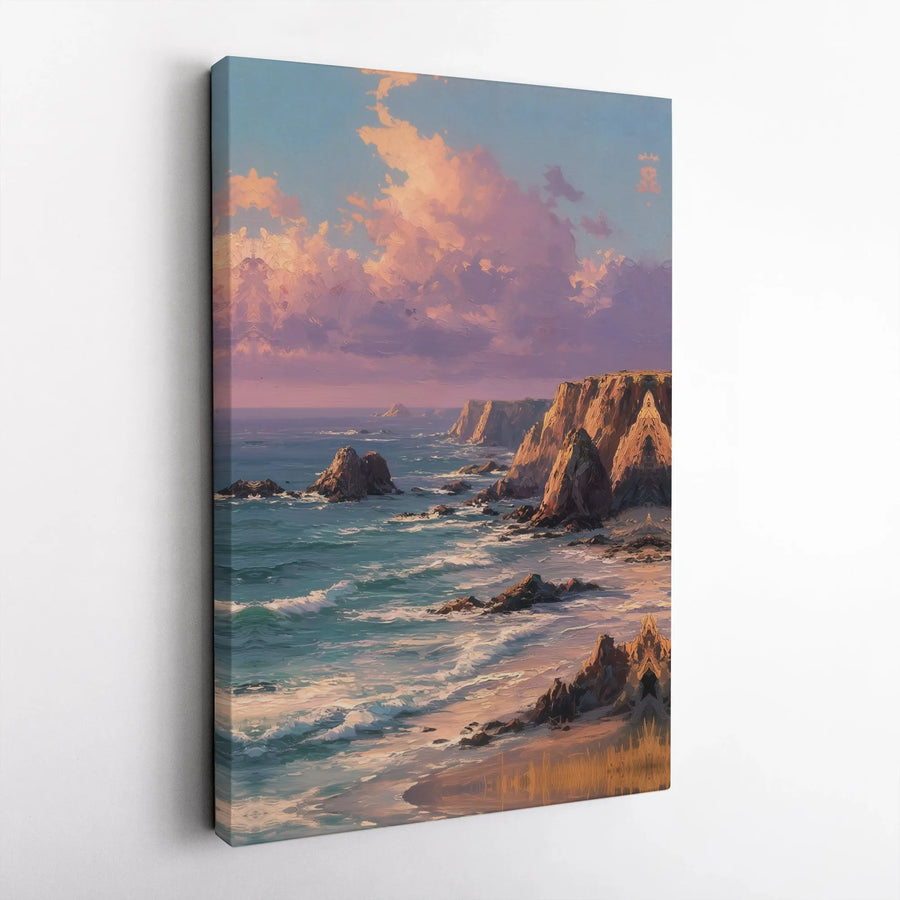 Coastal Cliffs Canvas Wall Art | Sunset Ocean Waves Oil Painting Style | Premium Gallery Wrap Decor | Nature Landscape Gift For Home Office