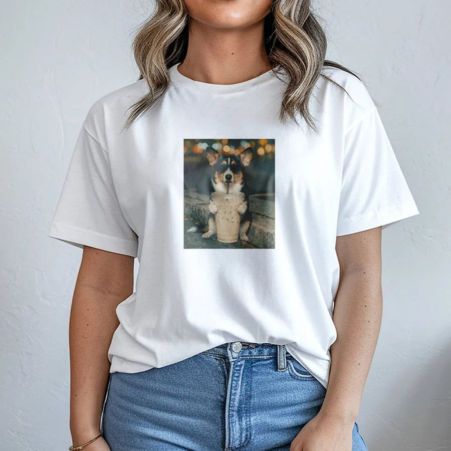 Funny Corgi T-Shirt | Corgi with Sunglasses Drinking Coffee | Soft Cotton Polyester Blend | Gift for Dog Mom & Corgi Lover