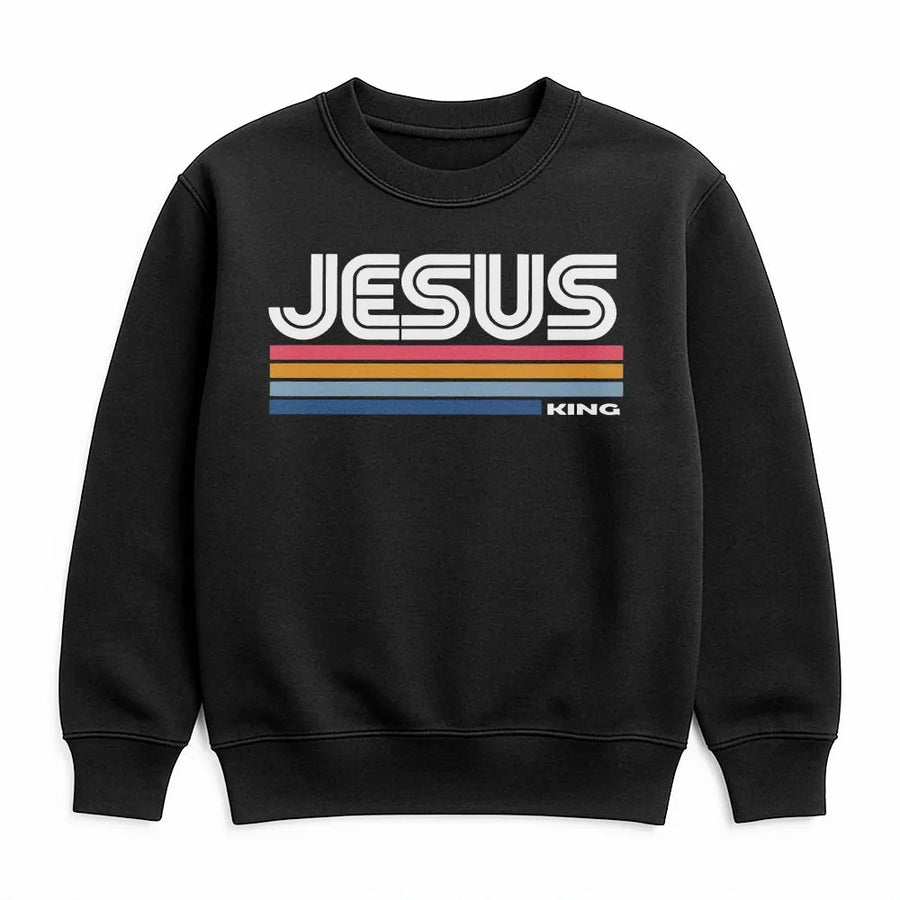 Jesus King Sweatshirt | Retro 70s Stripe Design | Premium Cotton Tee | Christian Faith Gift for Men and Women