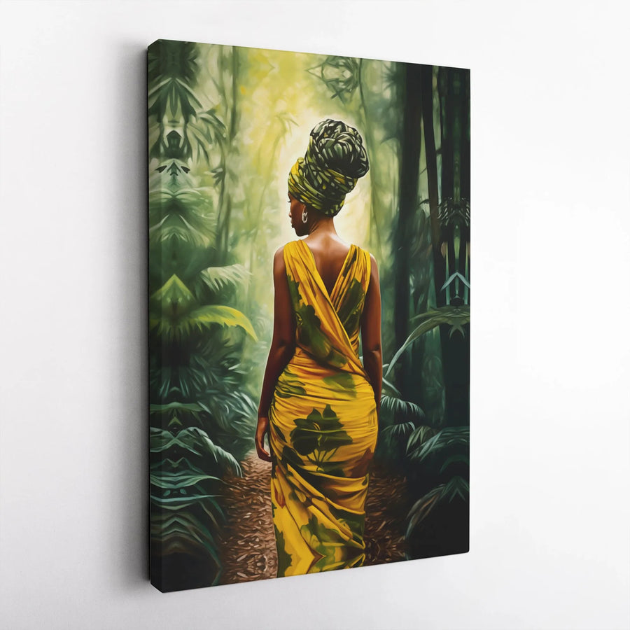 African Woman Wall Art | Jungle Forest Portrait in Yellow Dress | Premium Gallery Wrap Canvas | Cultural Home Decor Gift for Her