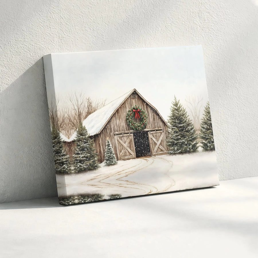 Winter Barn Canvas Wall Art | Snowy Landscape With Christmas Wreath | Premium Fade-Resistant Gallery Wrap | Festive Holiday Farmhouse Home Decor