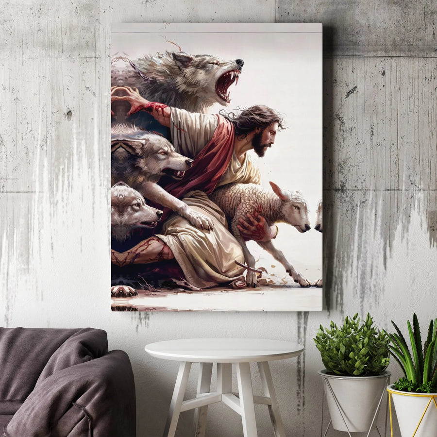 Jesus Protecting Lamb Canvas Wall Art | Dramatic Good Shepherd and Wolves Artwork | Premium Gallery Wrap | Christian Home Decor Gift for Believers