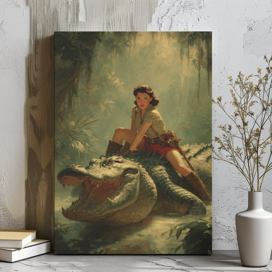 Jungle Pin-Up Girl Canvas Art | Vintage Explorer Riding Alligator Illustration | Premium 1.25" Gallery Wrap | Unique Office & Home Decor Gift