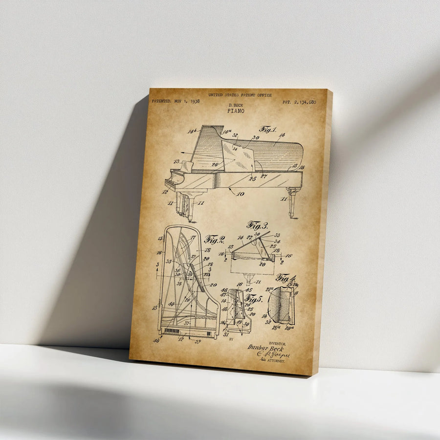 Vintage Piano Patent Canvas Print | 1938 Blueprint Schematic Art | Premium Fade-Resistant Canvas | Collector's Gift for Musician