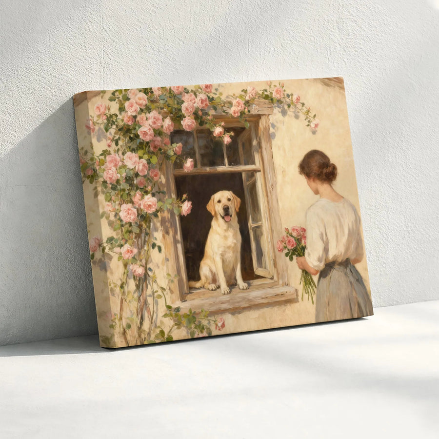 Vintage Labrador and Roses Canvas Art | Romantic Cottage Window Painting | Premium Gallery Wrapped Canvas | Cottagecore Home Decor Gift for Dog Lover