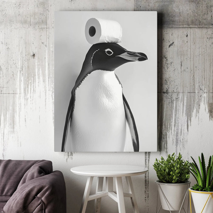 Funny Penguin Wall Art | Bathroom Decor Print with Toilet Paper | Premium Gallery Canvas | Quirky Gift for Animal Lovers