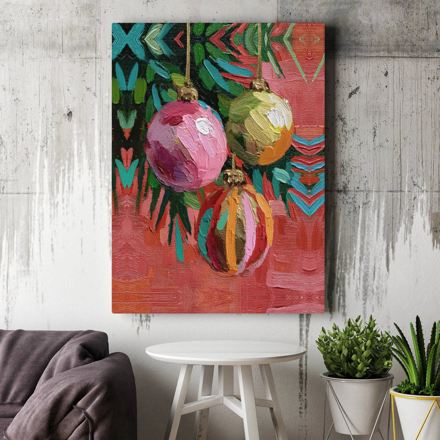 Christmas Ornament Wall Art | Vibrant Impressionist Holiday Painting | Gallery Wrapped Canvas | Festive Living Room Decor Gift