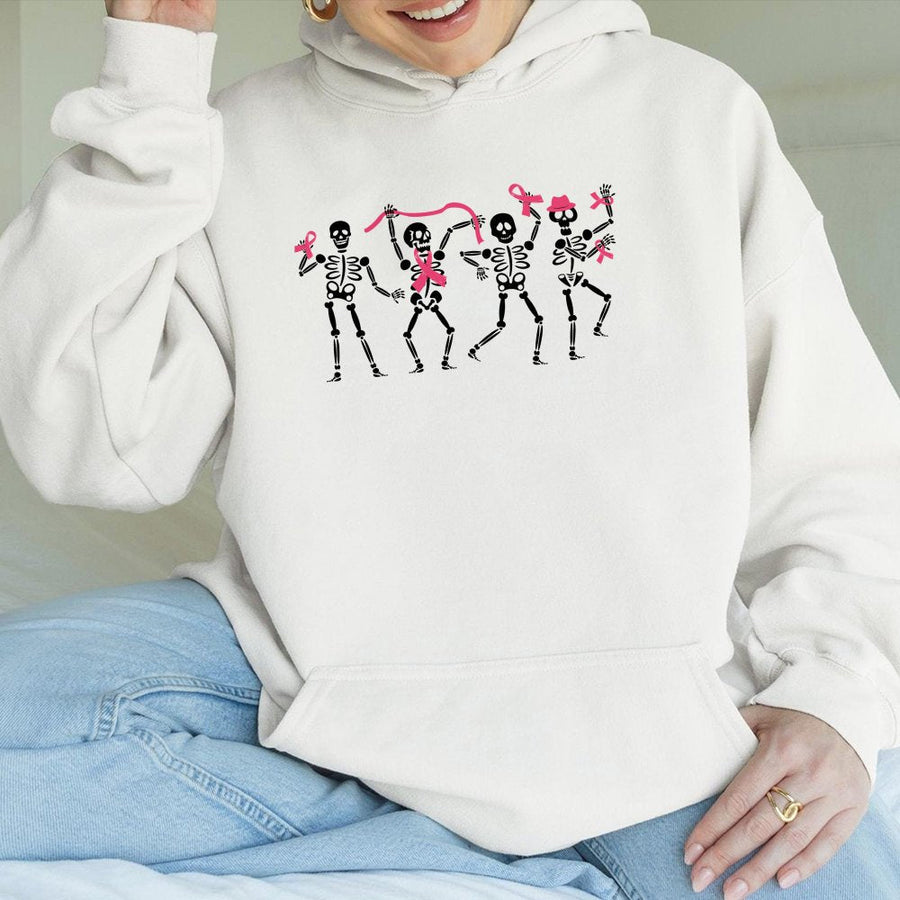 Dancing Skeletons Breast Cancer Awareness Hoodie | Pink Ribbon Graphic Print | Premium Cotton-Poly Blend | Supportive Gift for Survivors & Warriors