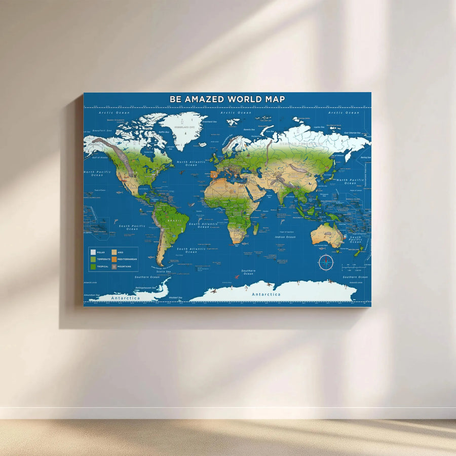 World Map Wall Art Canvas | Educational Climate Zones Geography Decor | Premium Gallery Wrap Print | Office or Classroom Wall Decor Gift