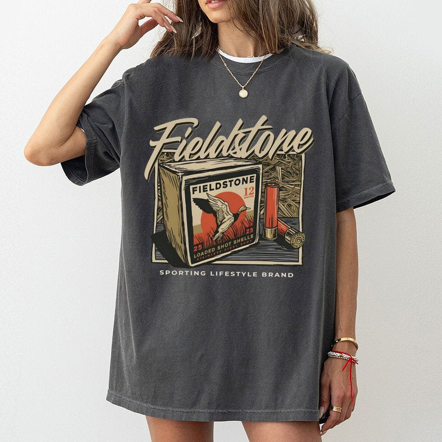 Fieldstone Duck Hunting T-Shirt | Vintage Ammo Box Graphic | 100% Cotton Premium Tee | Outdoorsman Sporting Gift for Him