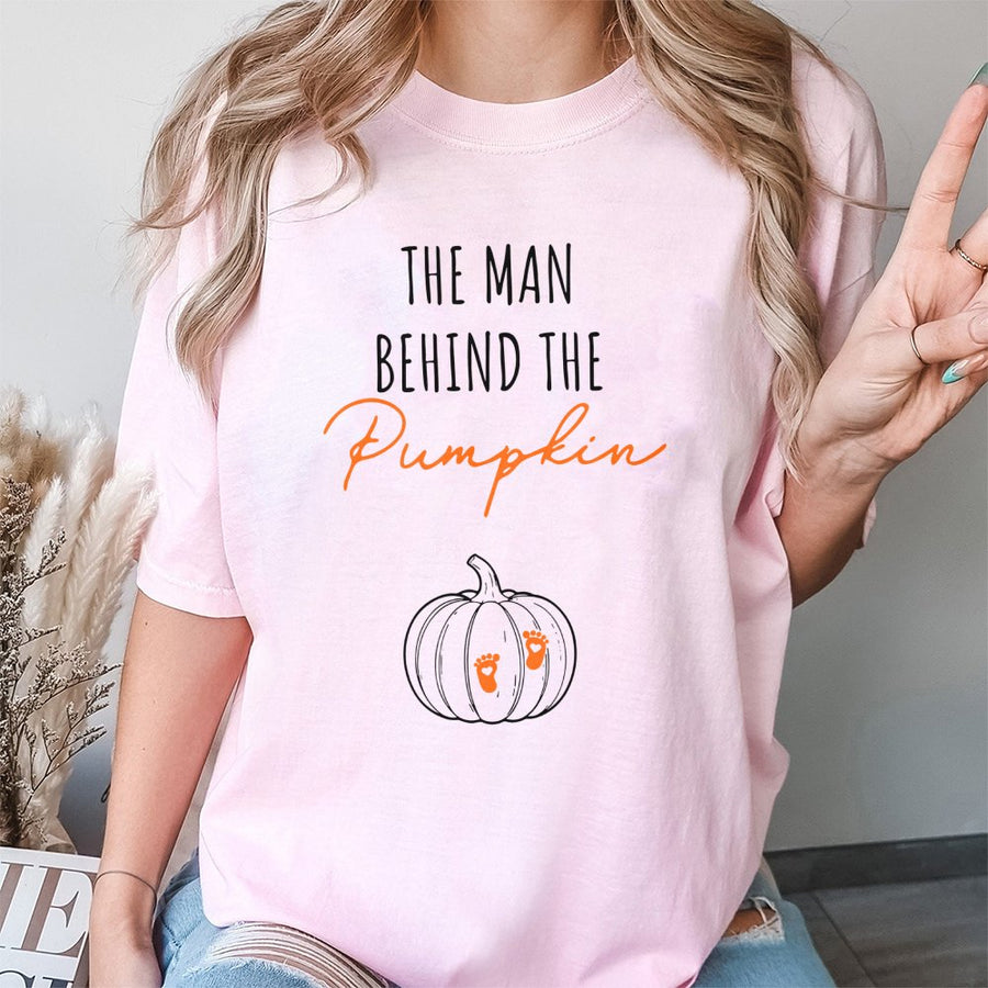 The Man Behind The Pumpkin T-Shirt | Fall Pregnancy Announcement Graphic | 100% Cotton Premium Tee | Matching Baby Reveal Gift For Dad To Be