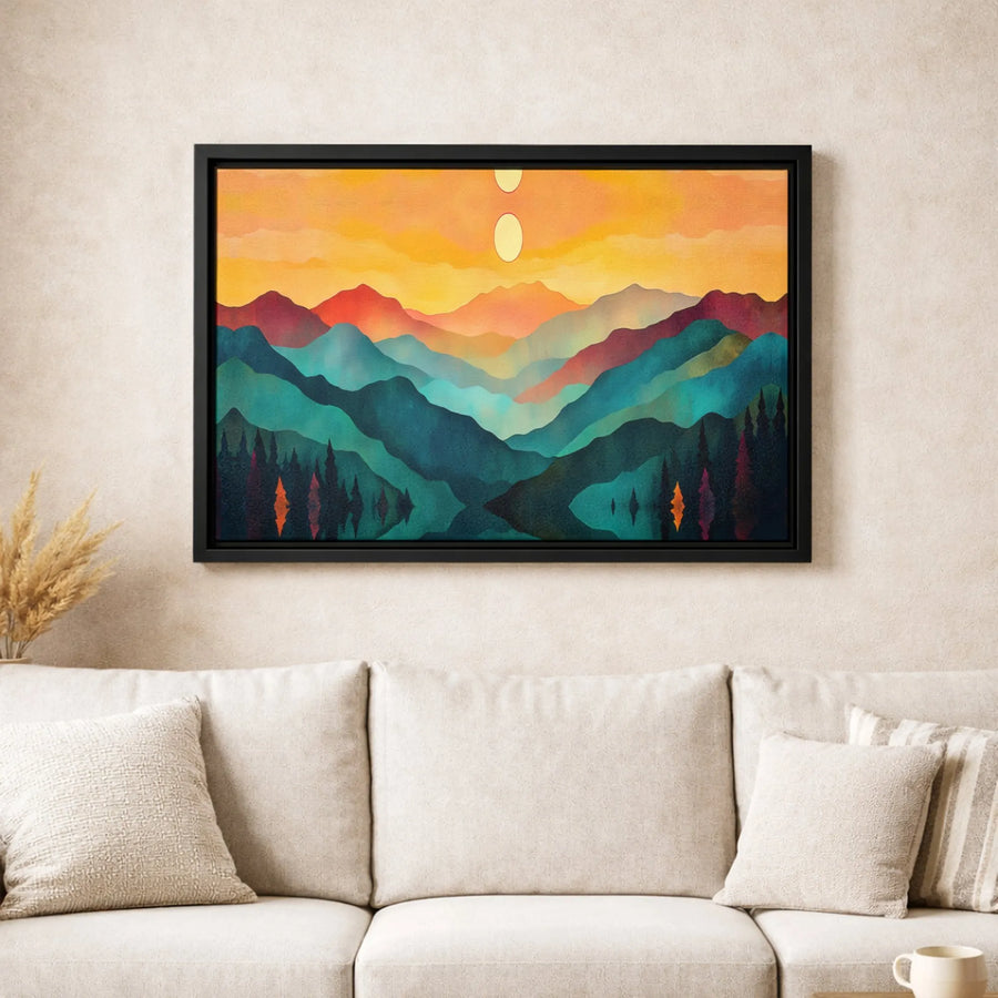 Abstract Mountain Landscape Canvas | Two Suns Forest Reflection Art | Premium Fade-Resistant Print | Modern Home & Office Wall Decor