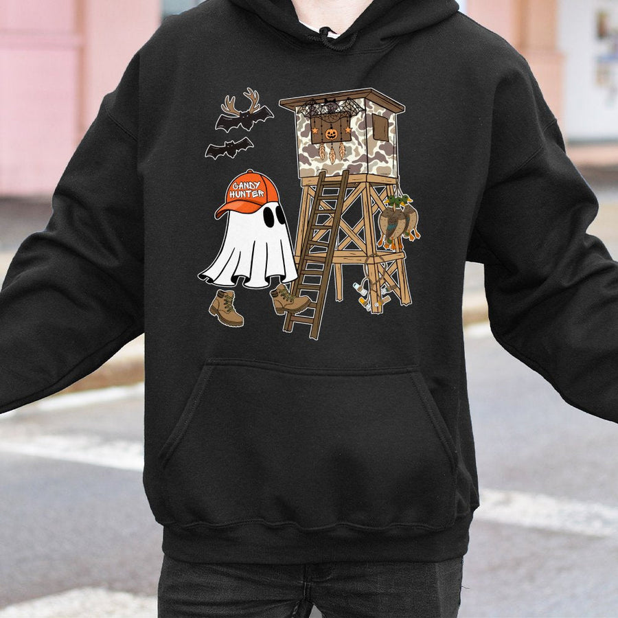 Candy Hunter Ghost Hoodie | Funny Camo Deer Stand Halloween Graphic | Premium Cotton Blend | Unisex Spooky Fall Gift for Outdoorsmen