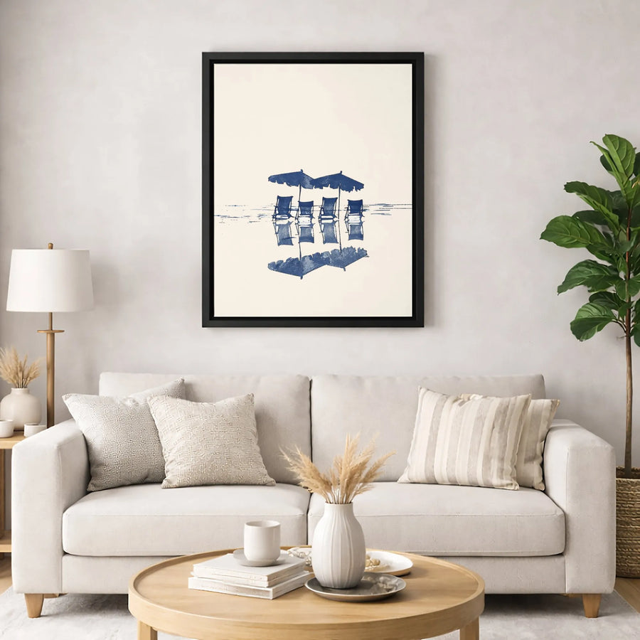 Minimalist Beach Canvas Wall Art | Indigo Umbrella & Chair Reflection Print | Premium 1.25" Gallery Wrap | Modern Coastal Home Decor