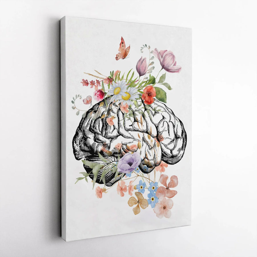 Anatomical Brain Canvas Print | Watercolor Wildflower Floral Art | 1.25-Inch Premium Gallery Wrap | Mental Health Decor & Office Gift