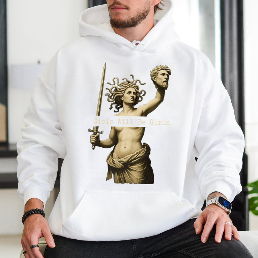 Medusa Graphic Hoodie | Girls Will Be Girls Feminist Aesthetic | Premium Cotton Blend | Empowering Mythological Gift For Women And Mythology Lovers