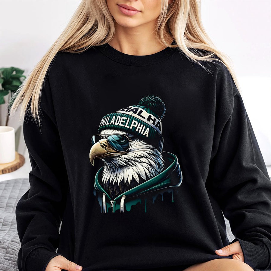 Black Graphic Sweatshirt, Philadelphia Eagle Inspired Cool Bird Design, Soft Cotton Blend, Comfortable Unisex Fit