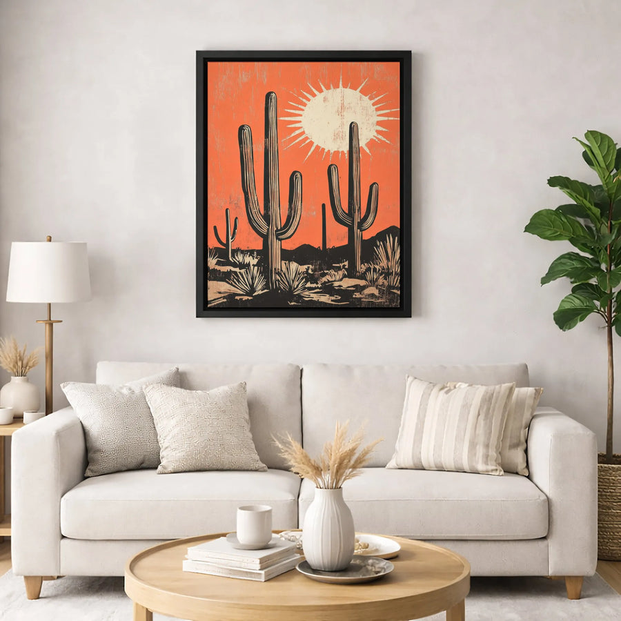 Southwestern Desert Canvas Wall Art | Mid-Century Modern Saguaro Cactus Print | 1.25-Inch Premium Gallery Wrap | Boho Home Decor Gift