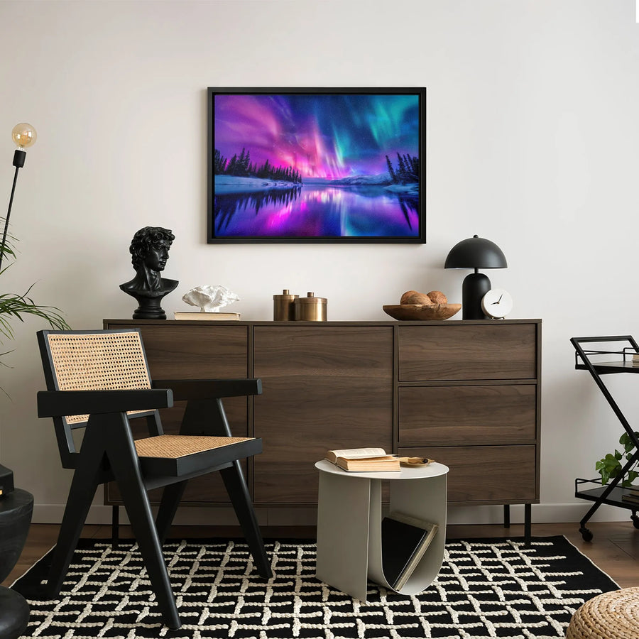 Aurora Borealis Canvas Wall Art | Vibrant Northern Lights Mountain Lake Landscape | Premium Gallery-Wrapped Decor | Nature Lover Gift