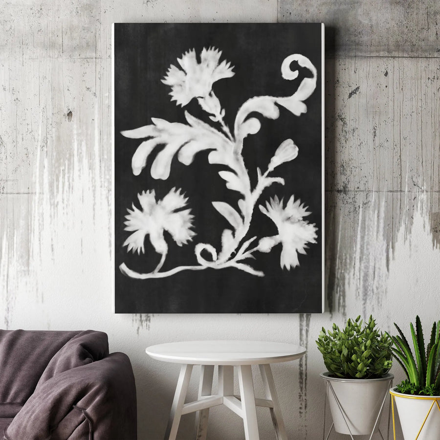 Botanical Vertical Canvas | Black and White Washed Floral Print | Premium 1.25" Thick Gallery Canvas | Modern Home Decor Gift for Living Room