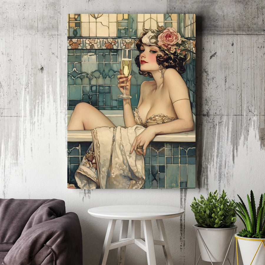 Art Deco Woman Bathing Canvas | Vintage Champagne & Rose Floral Print | Premium 1.25-inch Gallery Wrapped Art | Elegant Home & Bathroom Decor