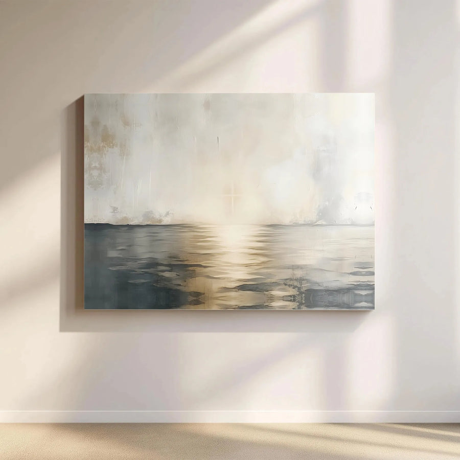 Abstract Seascape Canvas Wall Art | Glowing Cross Ocean Horizon Print | 1.25 Inch Gallery Wrap | Minimalist Modern Religious Home Decor Gift