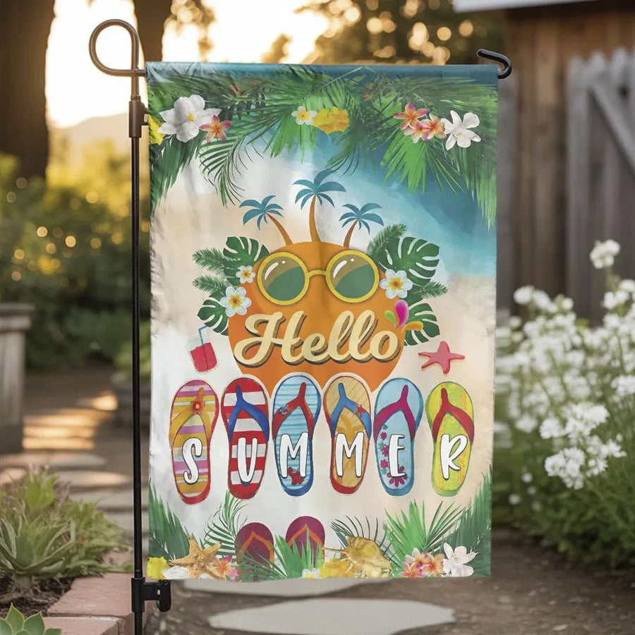 Hello Summer Garden Flag | Tropical Beach & Flip Flop Design | Double-Sided Decorative Flag | Outdoor Yard & Patio Decor Gift