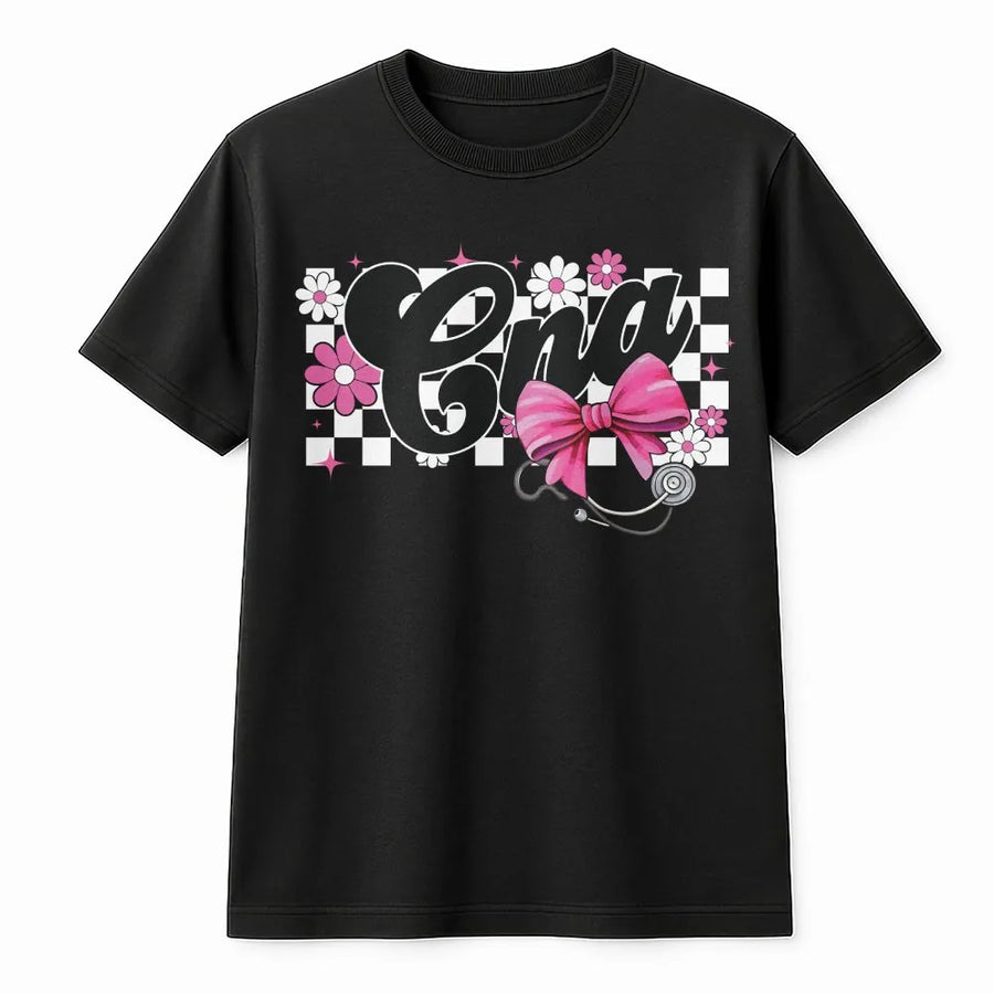 CNA Nurse T-Shirt | Coquette Bow and Retro Floral Graphic | Premium 100% Cotton | Aesthetic Gift for Nursing Students and Certified Nursing Assistants