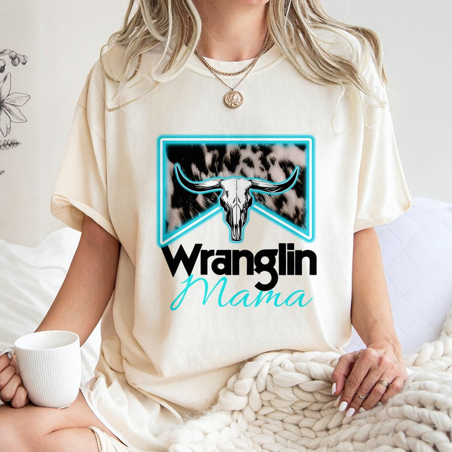Wranglin' Mama T-Shirt | Western Cow Skull Graphic Design | 100% Cotton Premium Tee | Ranch Life Gift for Her