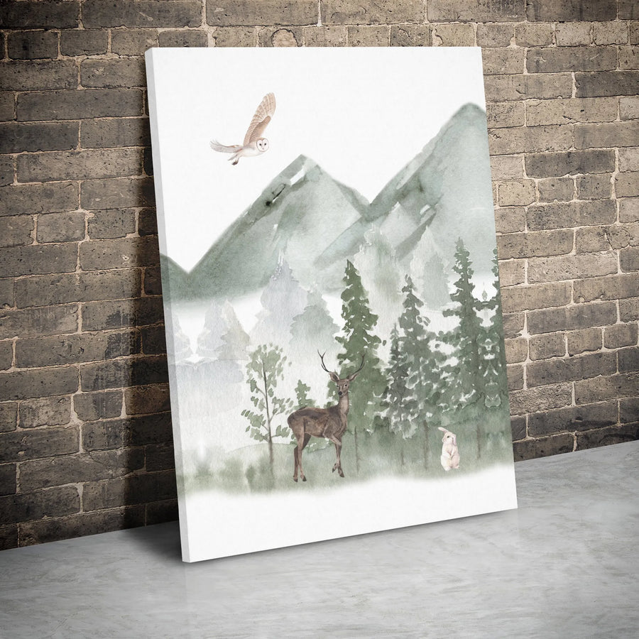 Watercolor Woodland Nursery Canvas | Forest Deer Owl and Rabbit Wall Art | Premium Gallery Wrap | Nature-Inspired Gift for Kids Room Decor
