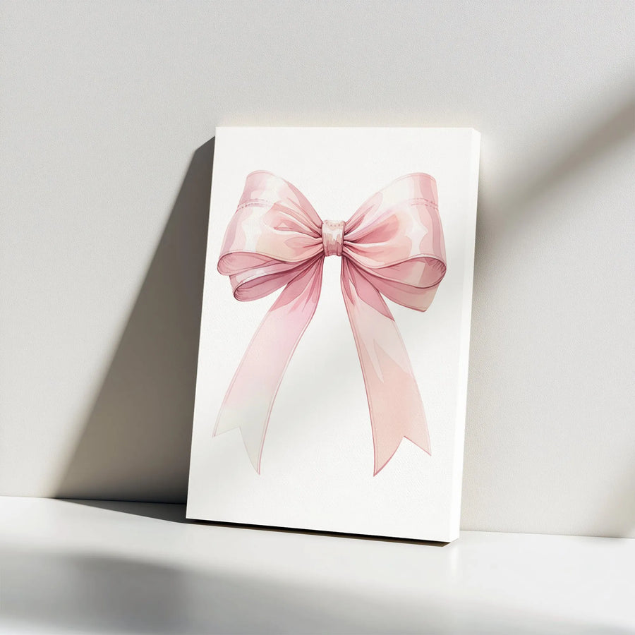 Pink Bow Canvas Wall Art | Watercolor Ribbon Print Decor | Premium Gallery Wrapped Canvas | Gift for Baby Girl Nursery