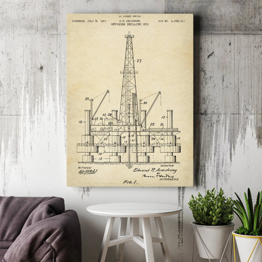 Vintage Oil Rig Patent Art Canvas | 1941 Offshore Drilling Blueprint | Premium Gallery Wrap | Industrial Decor Gift for Engineer