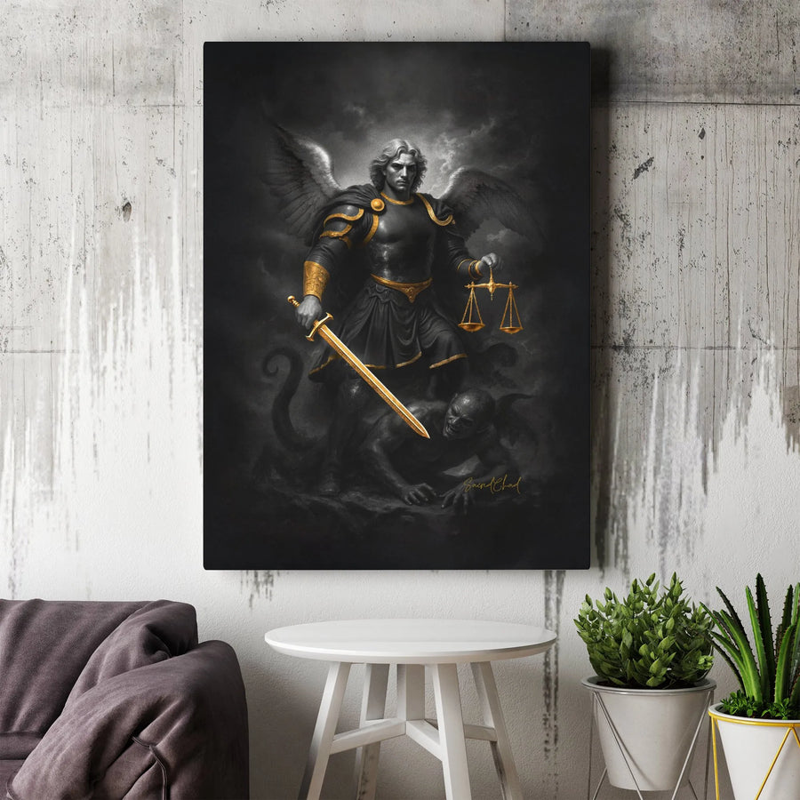 Archangel Michael Canvas Wall Art | St. Michael Defeating Demon Gold Accent Print | Premium Gallery-Wrapped Decor | Spiritual Gift for Home Office