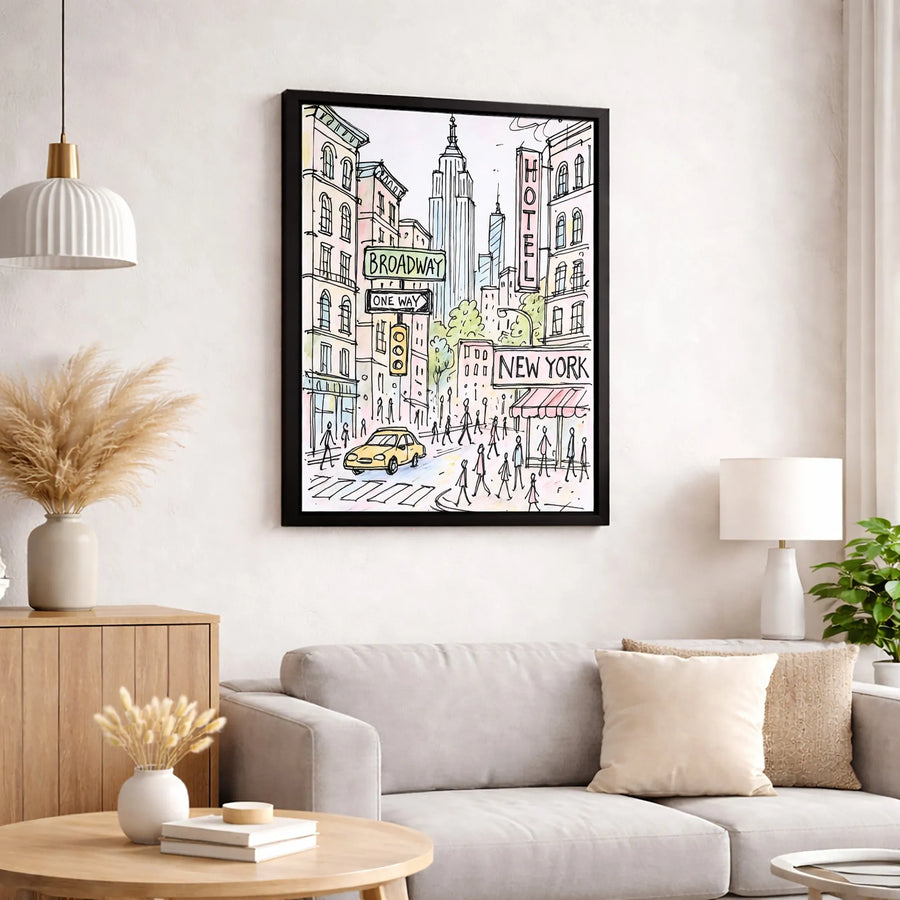 New York City Canvas Wall Art | Broadway Skyline Sketch Print | Premium Gallery Wrap Decor | NYC Travel Gift for Home Office