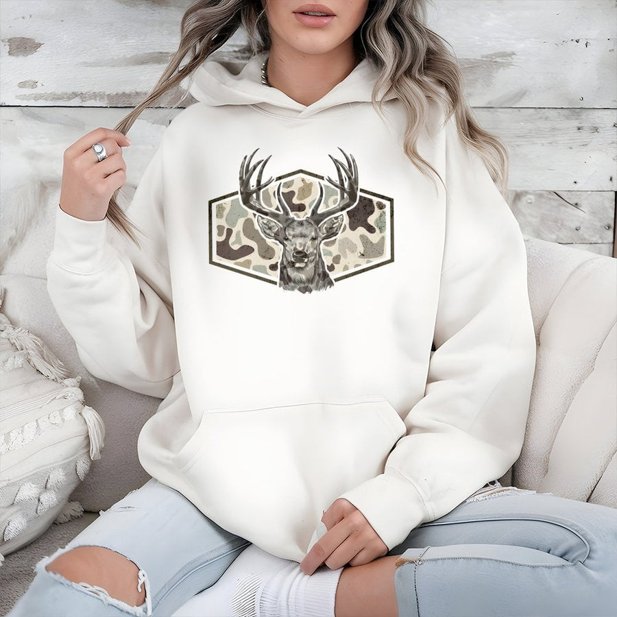 Deer Hunting Hoodie | Retro Camo Antler Graphic | Premium Cotton Blend Pullover | Outdoorsman Gift for Men and Women