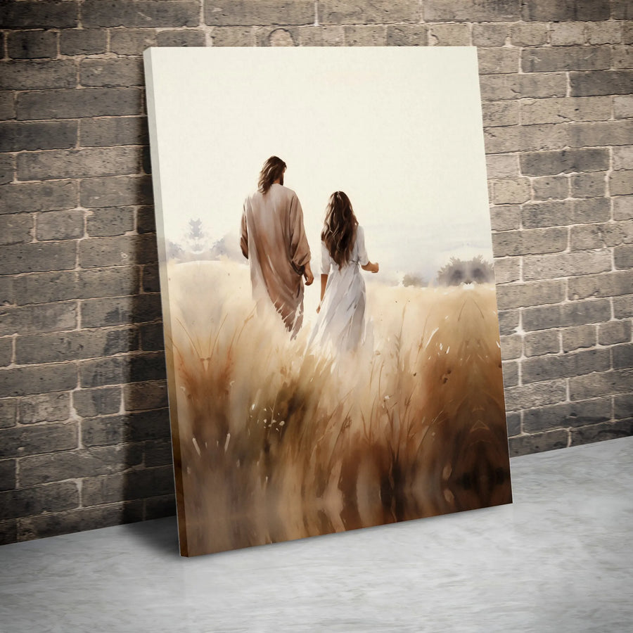 Jesus Walking With Girl Canvas Art | Religious Wheat Field Print | Premium 1.25-Inch Gallery Wrap | Christian Home Decor Gift