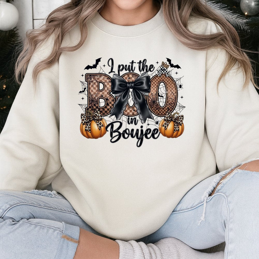 I Put The Boo In Boujee Sweatshirt | Trendy Leopard Pumpkin Halloween Graphic | Premium Cotton Blend | Funny Spooky Season Gift For Women
