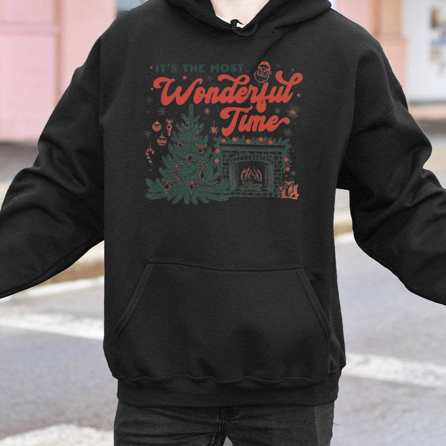 It’s The Most Wonderful Time Hoodie | Christmas Tree & Fireplace Graphic | Premium Cotton Blend | Cozy Holiday Gift for Her & Him