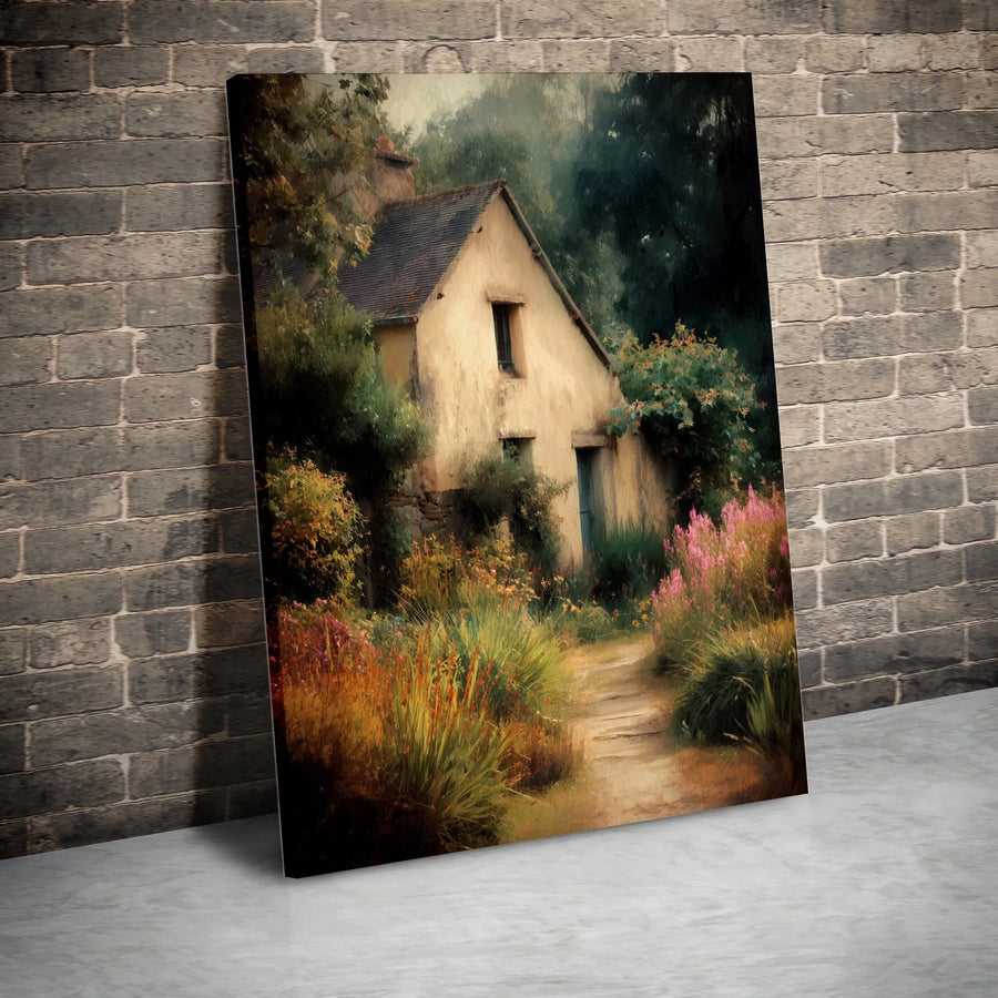 Rustic Cottage Vertical Canvas | Vintage Impressionist Garden Painting | Premium Gallery Wrapped Canvas | Farmhouse Living Room Decor Gift