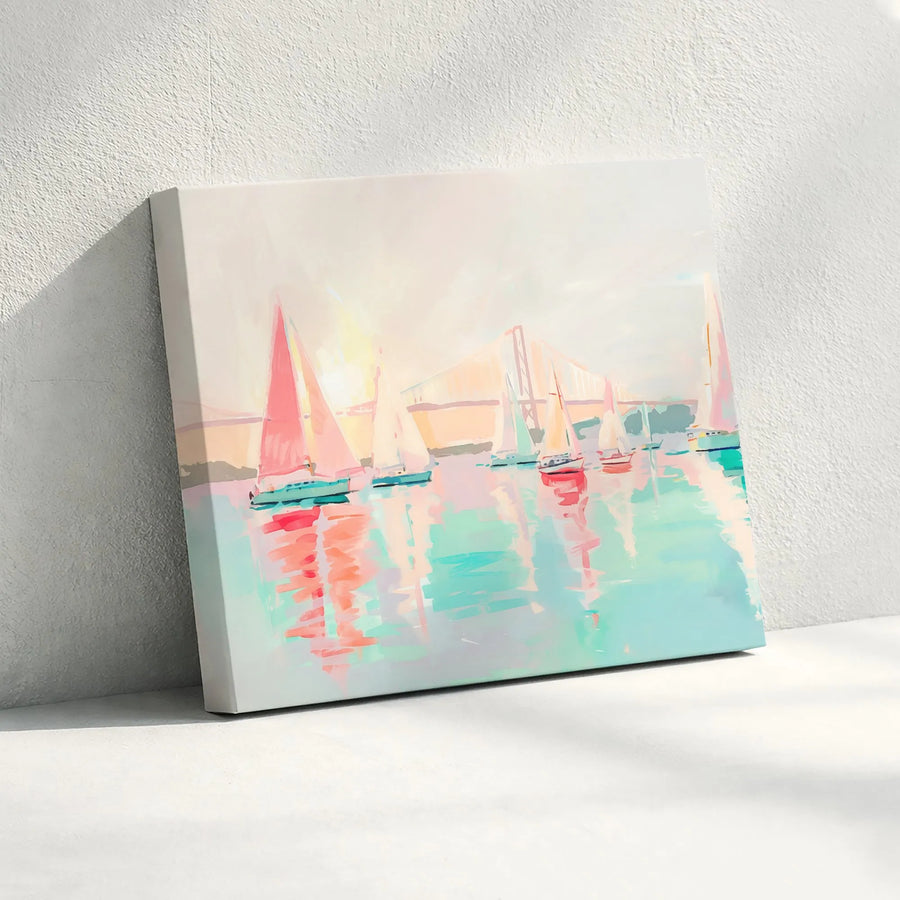 Sailboat Regatta Canvas Wall Art | Pastel Harbor Scene with Bridge | Gallery-Quality Thick Canvas | Premium Coastal Living Room Decor
