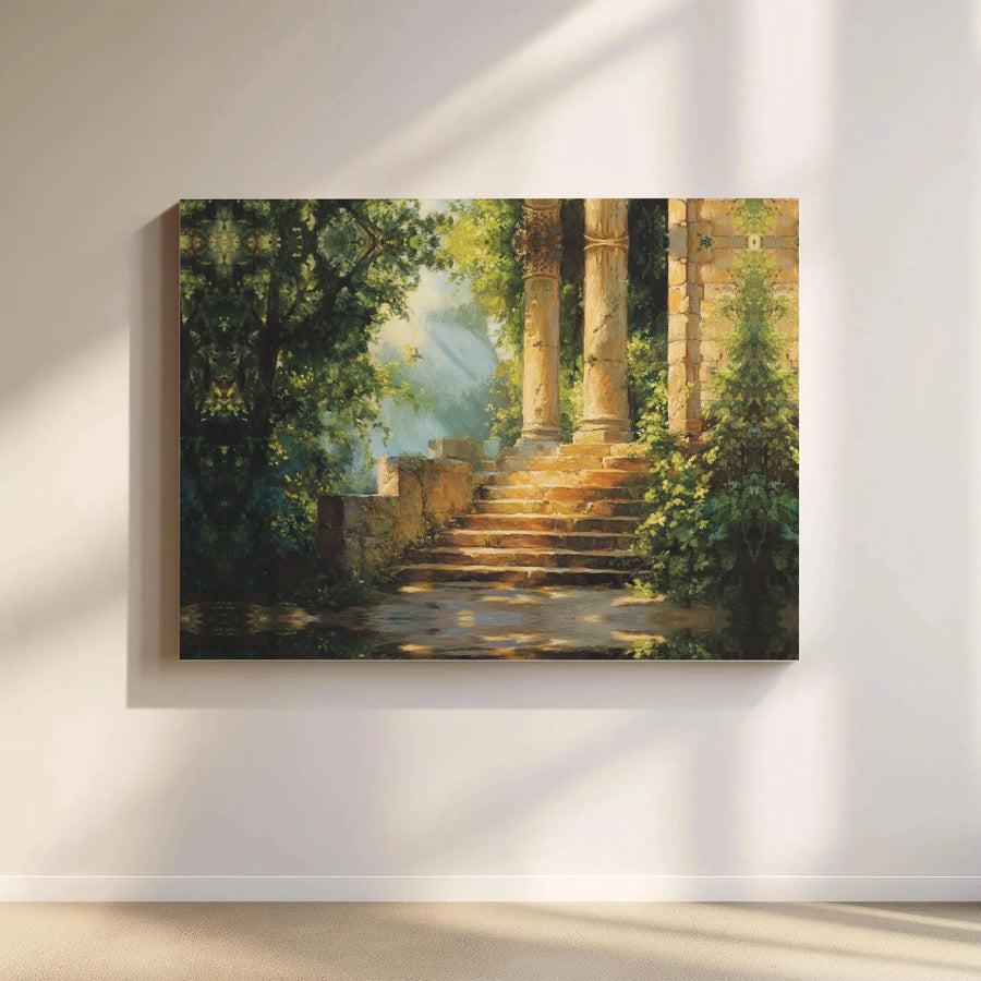 Ancient Ruins Wall Art | Sunlit Classical Columns And Stone Staircase Canvas | Gallery Wrap Premium Print | Elegant Home Decor For Nature Lovers