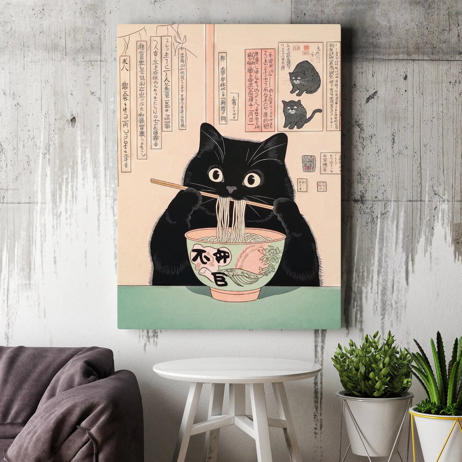 Black Cat Ramen Wall Art | Japanese Ukiyo-E Cat Print | Premium Gallery Wrap Canvas | Unique Kitchen Decor Gift for Cat Lovers