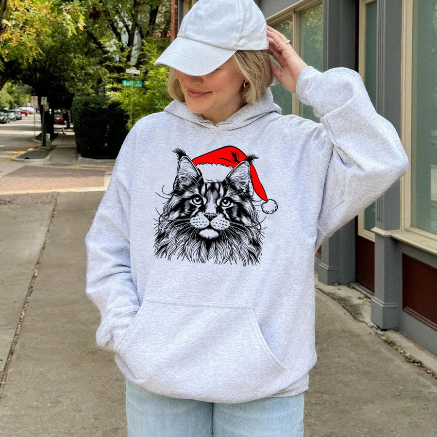 Maine Coon Cat Christmas Hoodie | Festive Santa Hat Graphic Print | Soft Cotton-Blend Premium Apparel | Cute Holiday Gift for Cat Lovers