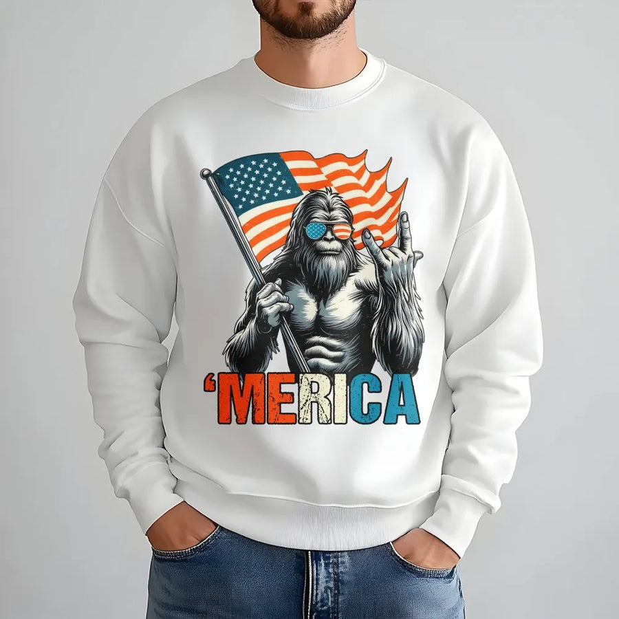 Bigfoot Merica Sweatshirt | American Flag Sasquatch Graphic | Soft Cotton Blend Pullover | Funny Patriotic Gift for Men