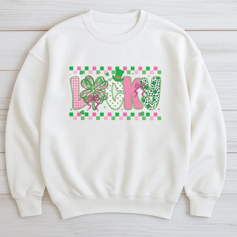 Lucky St. Patrick's Day Sweatshirt | Pink And Green Shamrock Design | Premium Cotton Blend Crewneck | Unisex Festive Spring Holiday Gift For Women