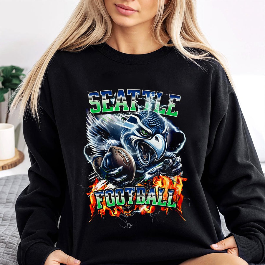 Seattle Football With Seahawks Mascot And Flames Sweatshirt